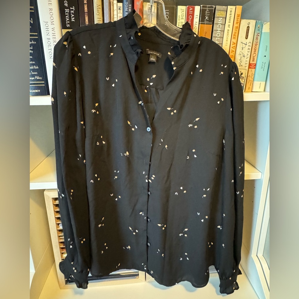 Ann Taylor Black Button Down Ruffle Shirt
